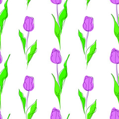 Spring Tulip Flowers on white background. Seamless floral pattern. Perfect for fabrics print, wallpaper, banner. Vector decorative Elegant background for your design. EPS 8