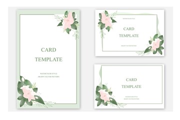 A set of map templates. Wedding festive invitation, greeting card for the celebration.  Flowers in delicate watercolor tones and greenery on the branches.