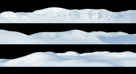 Snow drifts on a black isolated background. Snowy landscape of the hills of the North. Three...
