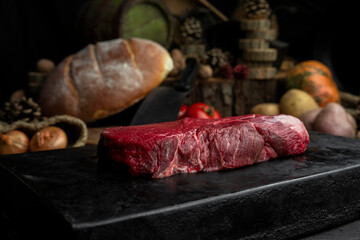 Raw beef steak in the rustic kitchen