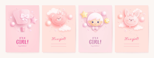 Set of baby shower invitation with cartoon baby girl, hot air balloon and helium balloons on pink background. It's a girl. Vector illustration