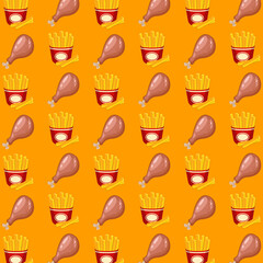 Background fried chicken and french fries fast food illustration seamless texture vector