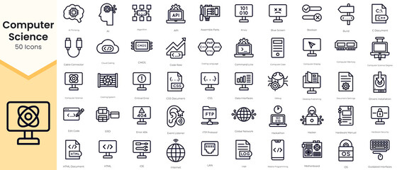 Obraz na płótnie Canvas Simple Outline Set of Computer Science Icons. Thin Line Collection contains such Icons as ai, algorithm, cable connector, cloud, cooling system and more