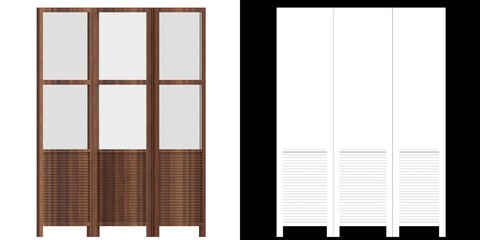 3D rendering illustration of a folding screen panel room divider