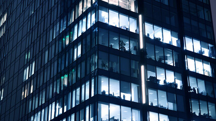 Amazing night cityscape. Office building at night, building facade with glass and lights. View with illuminated modern skyscraper. Scenic glowing windows of skyscrapers at evening. 