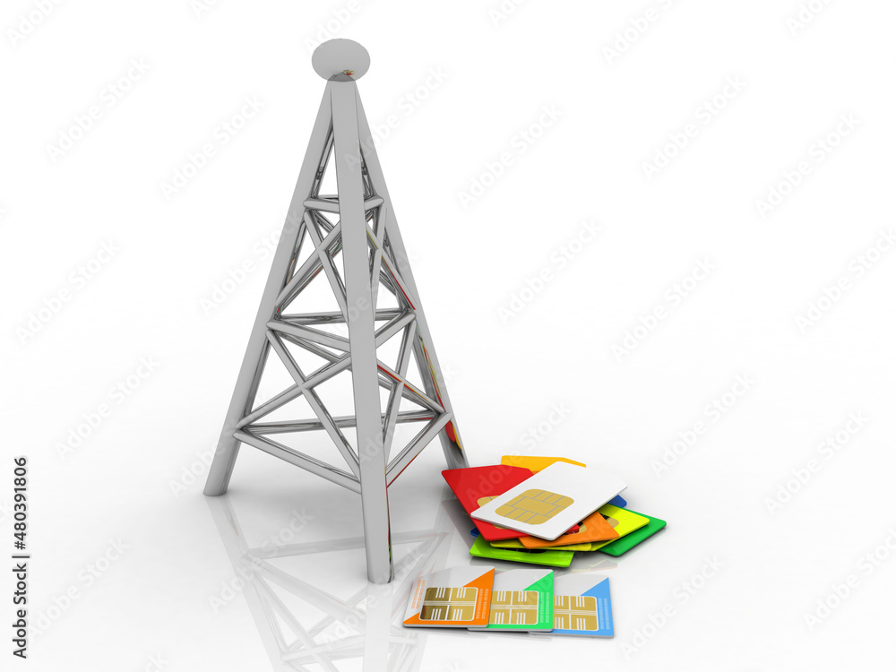 Poster 3d render sim card with mobile tower
