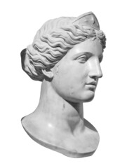 Gypsum copy of ancient statue Venus head isolated on white background. Plaster sculpture woman face