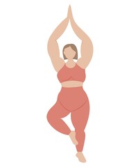 Plus size woman in a tracksuit doing yoga. body positivity theme. vector illustration