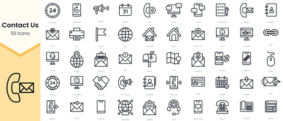 Fototapeta na wymiar Simple Outline Set of Contact Us Icons. Thin Line Collection contains such Icons as bullhorn, calendar, call, chat, email and more
