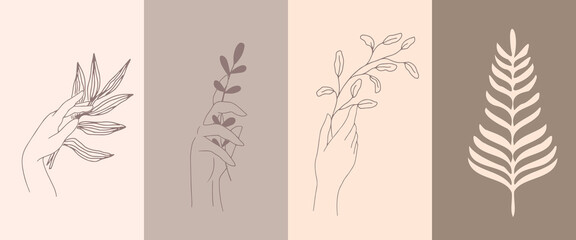 Fototapeta na wymiar A set of female hand emblems in a minimalistic linear style. Gestures of hands holding a branch with leaves. For cosmetics design, beauty studio