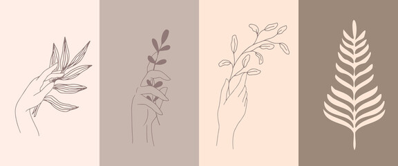 A set of female hand emblems in a minimalistic linear style. Gestures of hands holding a branch with leaves. For cosmetics design, beauty studio