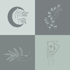 Obraz premium A set of female hand emblems in a minimalistic linear style. Hand gestures holding mystical symbols.