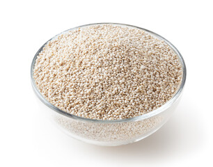 Dried white quinoa seeds in glass bowl isolated on white background with clipping path