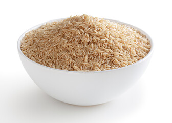 Brown rice in white bowl isolated on white background with clipping path