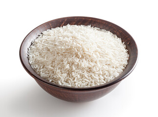 Uncooked jasmine rice in ceramic bowl isolated on white background with clipping path