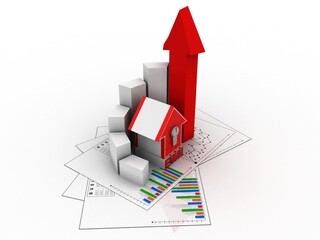 3d illustration Growth in real estate shown on graph