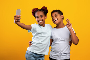 Cute black siblings taking selfie together on cellphone