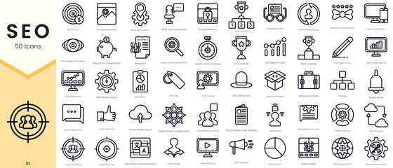 Simple Outline Set of SEO Icons. Thin Line Collection contains such Icons as synchronizing, target audience, target keywords, seo monitoring, performance, report and more - obrazy, fototapety, plakaty