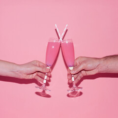 Party concept. Male and female hand raise champagne glasses with pink drink and tubes and toast on...