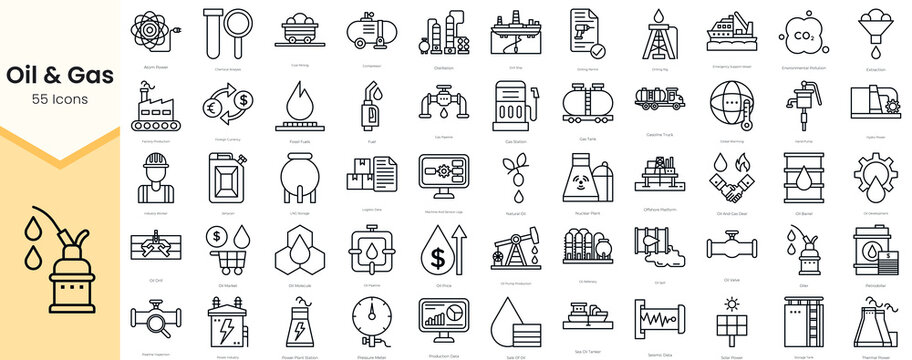 Simple Outline Set of Oil & Gas Icons. Thin Line Collection contains such Icons as atom power, chemical analysis, coal mining, compressor and more