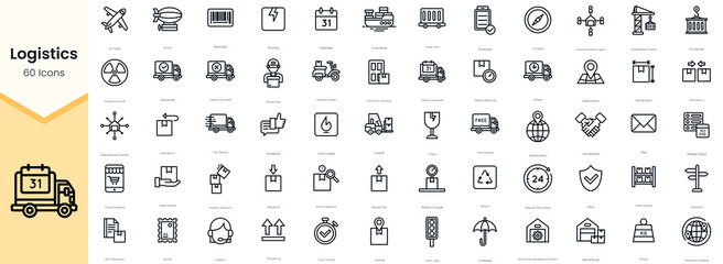 Simple Outline Set of Logistics Icons. Thin Line Collection contains such Icons as airship, barcode, breakage, calendar, cargo barge and more
