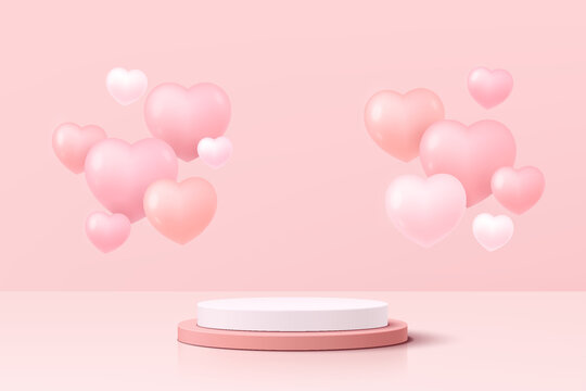Realistic pink and white 3D cylinder pedestal podium with floating balloons heart shape. Valentine minimal scene for products showcase, Promotion display. Vector abstract studio room  platform design