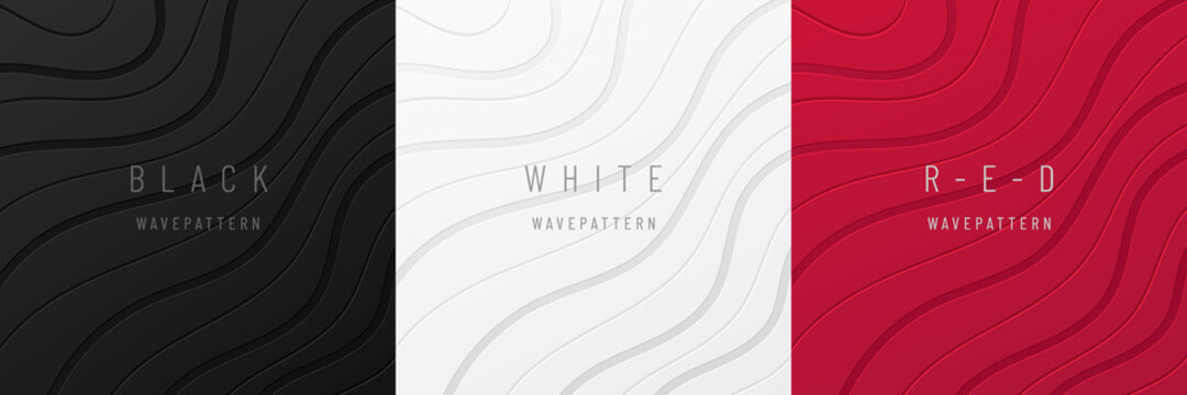 Set of dynamic wavy curve lines on black, white, gray and red background. Modern technology futuristic background. Design for banner, cover, web, flyer, card, poster, wallpaper. Vector illustration