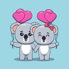 Cute Valentine's day koala couple holding heart shaped balloons