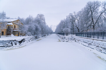 Russia. Kronstadt, January 12, 2022. Picturesque winter view of the Kronstadt Bypass Canal.