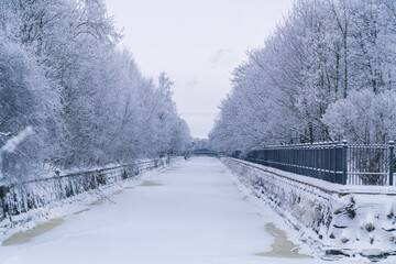 Russia. Kronstadt, January 12, 2022. Picturesque winter view of the Kronstadt Bypass Canal.