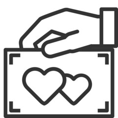 Vector a hand holding the post card outline icon, sign and love symbol 64x64 Pixel, white background