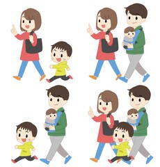 お出かけ・散歩する家族のイラストセット