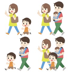 Fototapeta na wymiar お出かけ・散歩する家族のイラストセット　夏
