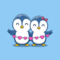 Cute Valentine's day penguin couple holding hearts garland