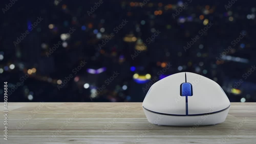 Poster e-learning flat icon with wireless computer mouse on wooden table over blur colorful night light mod