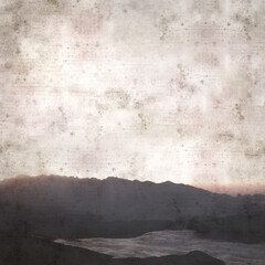 stylish textured old paper square background with landscape of mountainous part of Cantabria in Spain
