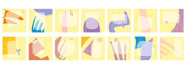 Set of fourteen abstract isolated backgrounds. Hand drawn various shapes and doodle objects. Modern contemporary trendy vector illustration. Nice trendy colors. Stock illustration. Copy space