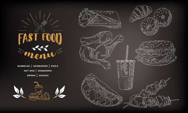 Fast food menu. A set of fast food lunch dishes. Sketch of the engraving food on a blackboard with chalk.