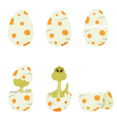 Dinosaur hatching from the egg. Different birth stages of cute little cartoon dinosaur isolated on white background