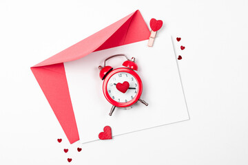 Valentines day heart. Red heart, romantic gift on love white with copy space. Valentine decoration for flat lay background.