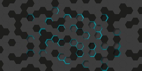 Dark technology hexagonal vector background. Abstract sky bright energy flashes under hexagon in dark technology modern futuristic background vector illustration. Gray honeycomb texture grid.