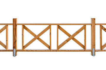 Part of a wooden fence made of horizontal, vertical and diagonal boards isolated on white background