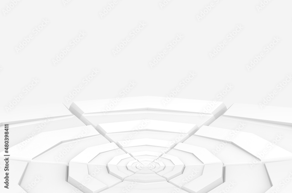 Poster 3d rendering. futuristic white hexagonal stage on gray background.