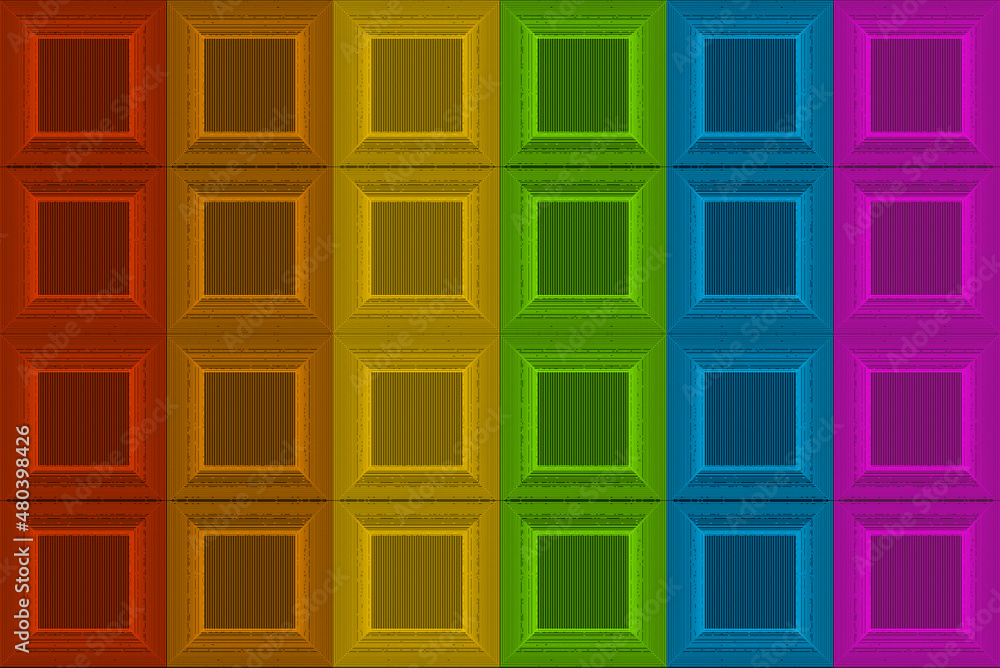 Poster 3d rendering. retro lgbt rainbow mosaic color style square tile pattern wall design background.