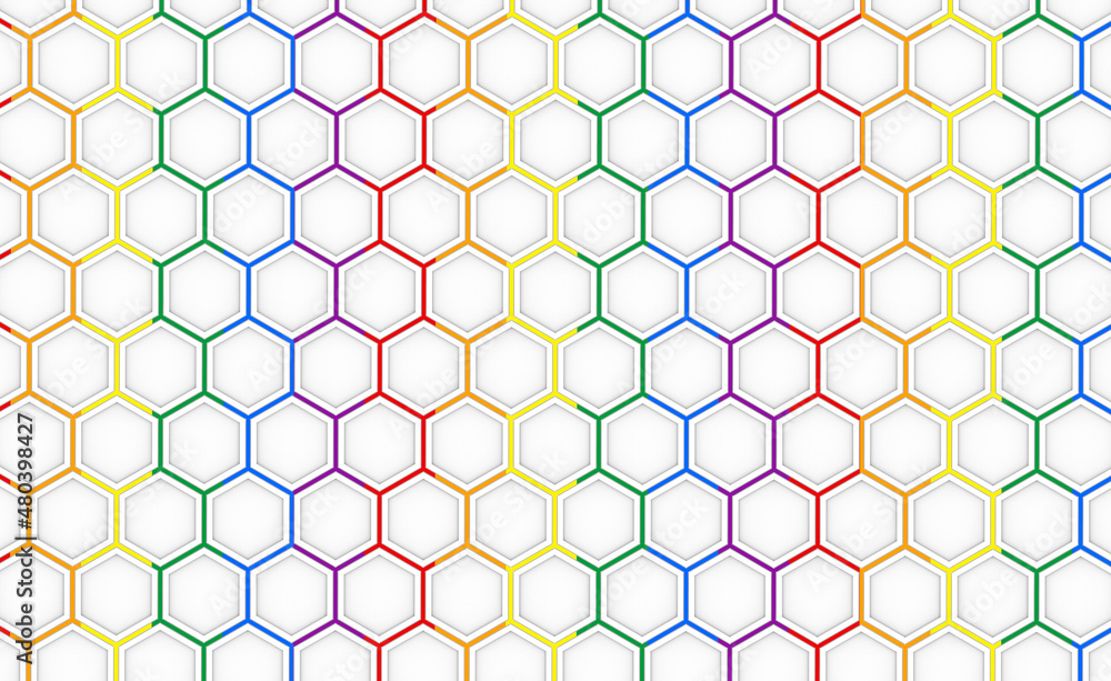 Aufkleber 3d rendering. lgbt rainbow color flag light on hexagon pattern mesh wall background.