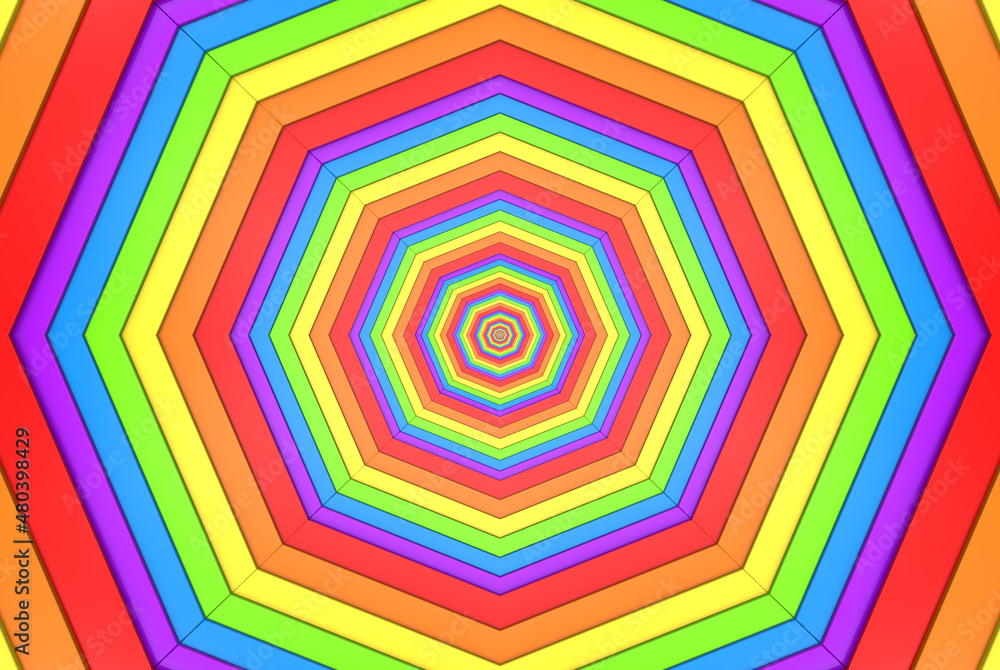 Poster 3d rendering. lgbt rainbow hexagonal structure web pattern wall background.