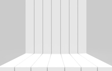 3d rendering. White long bars panel wall and floor on gray background.