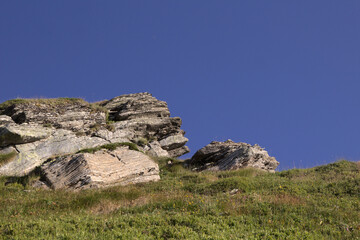 Mountainous part of Cantabria in the north of Spain, hiking route around Alto Campo mountain, summer
