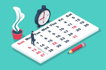 Time planning concept. Businessman stands on a big calendar is planning a job. Strategist development. Deadline for the project. Time management. Vector illustration isometric 3d design.