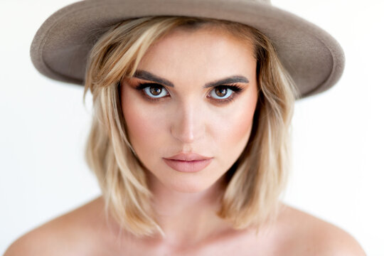 Face make up portrait beautiful woman in hat